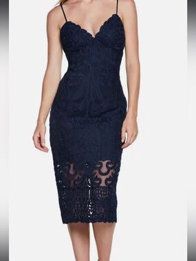 Bardot Navy Lace Midi Dress with Spaghetti Straps
